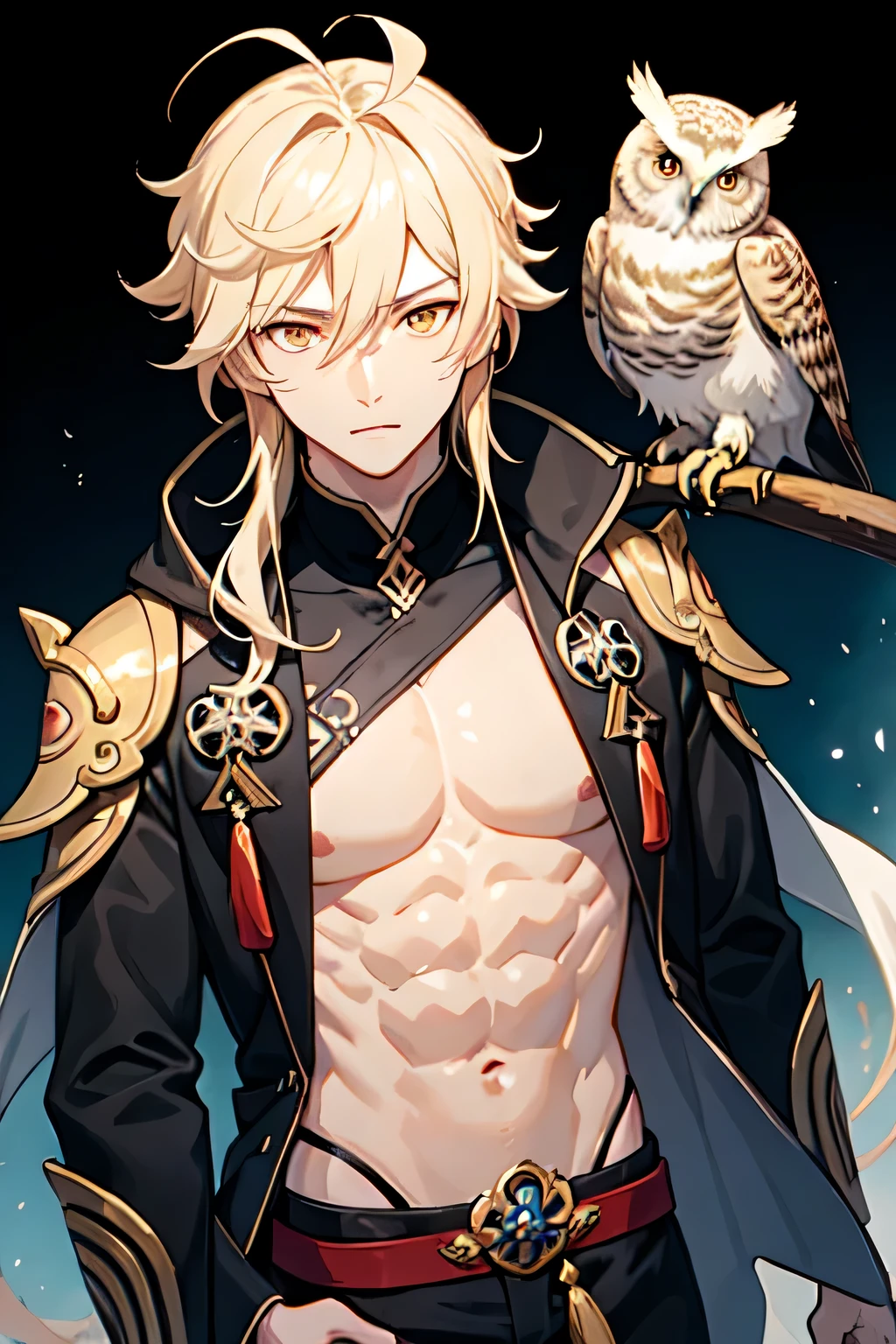 Make the image of a male character in Genshin Impact holding an owl on his shoulder, he has medium blond hair, a muscular body, wears a black coat and has yellow eyes 