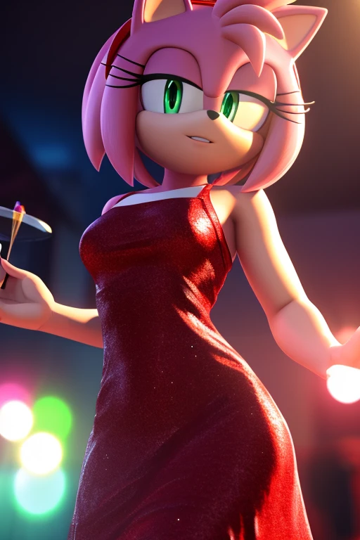 Masterpiece, high quality, studio quality, intricate details, 4k, 1girl, solo, Amy Rose, party dress, eyes open, green eyes, medium breasts