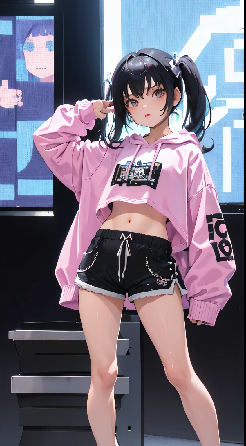 (short cute girl, young studeg delicate girl),(masterpiece,Top quality),crop top look,pastel hoodie,(gingham check shorts),black hair,long twin tails,toy world