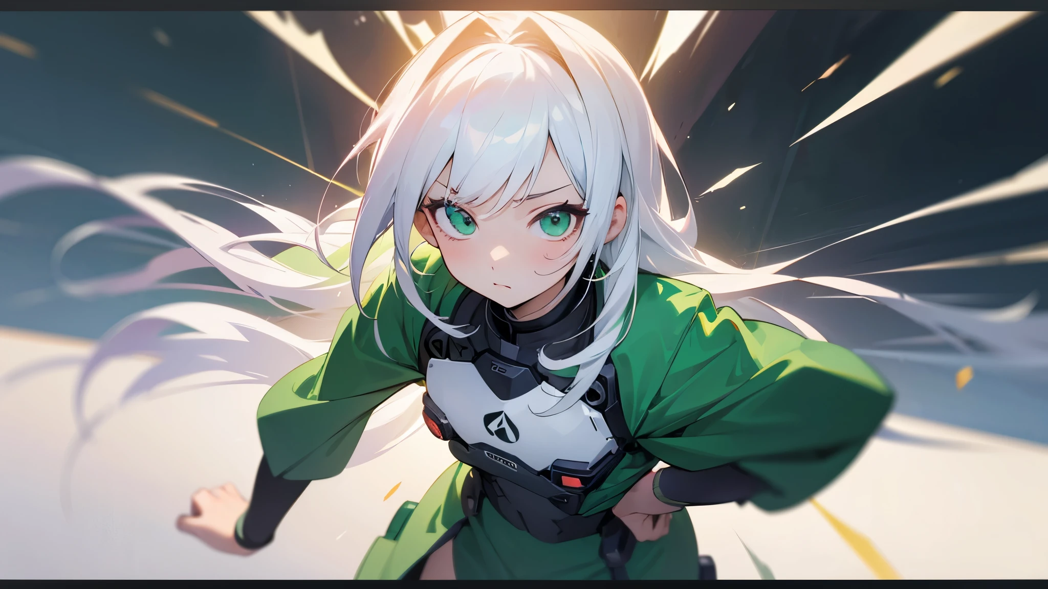 Anime girl with white hair and green eyes, long hair、Anime CG arte suave, anime style. 8k, Hecho con Anime Painter Studio, Retrato realista kawaii, Render de una linda chica de anime , Retrato suave colorido, Anime estilizado、(fondo plano), (Calidad de imagen superior), (Fondo de pantalla 8k unificado CG ultrafino), (colorido:1.2), Sharp focus (full body camera shot), flat chest, green clothes cute, looking at camera with tsundere expression