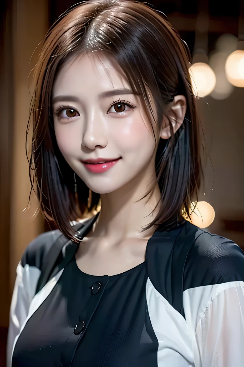 (((Expressing happiness through facial expressions:1.3))).(Clothes that expose a lot of skin:1.3, ),(A cute woman in a rider jacket:1.3),(((rider suit))), open jacket,(((Colorful short hair with shiny light brown and orange stripes on the nape))),(((messy hair))),perfect round face,Cute eyes,cute smile,A cheerful smile that makes the viewer happy,(((Luminous look:1.3))),big breasts,Emphasize the chest,Perfect body curves,beautiful clavicle、wet hair,wet face,wet body,wet skin,wet costume,Detailed clothing features,Detailed hair features,detailed facial features,look at camera,(dynamic angle),(dynamic and sexy pose),cinematic light,(muste piece,highest quality,Ultra-high resolution output images,Depth of the bounds written,intricate details,Make the subject three-dimensional with the contrast of light and shadow,) ,digital illustration,Single-lens reflex camera, (Photoreal:1.3),(8K quality,Anatomically correct facial structure,),(sea art 2 mode:1.3),(Image Mode Ultra HD,)
