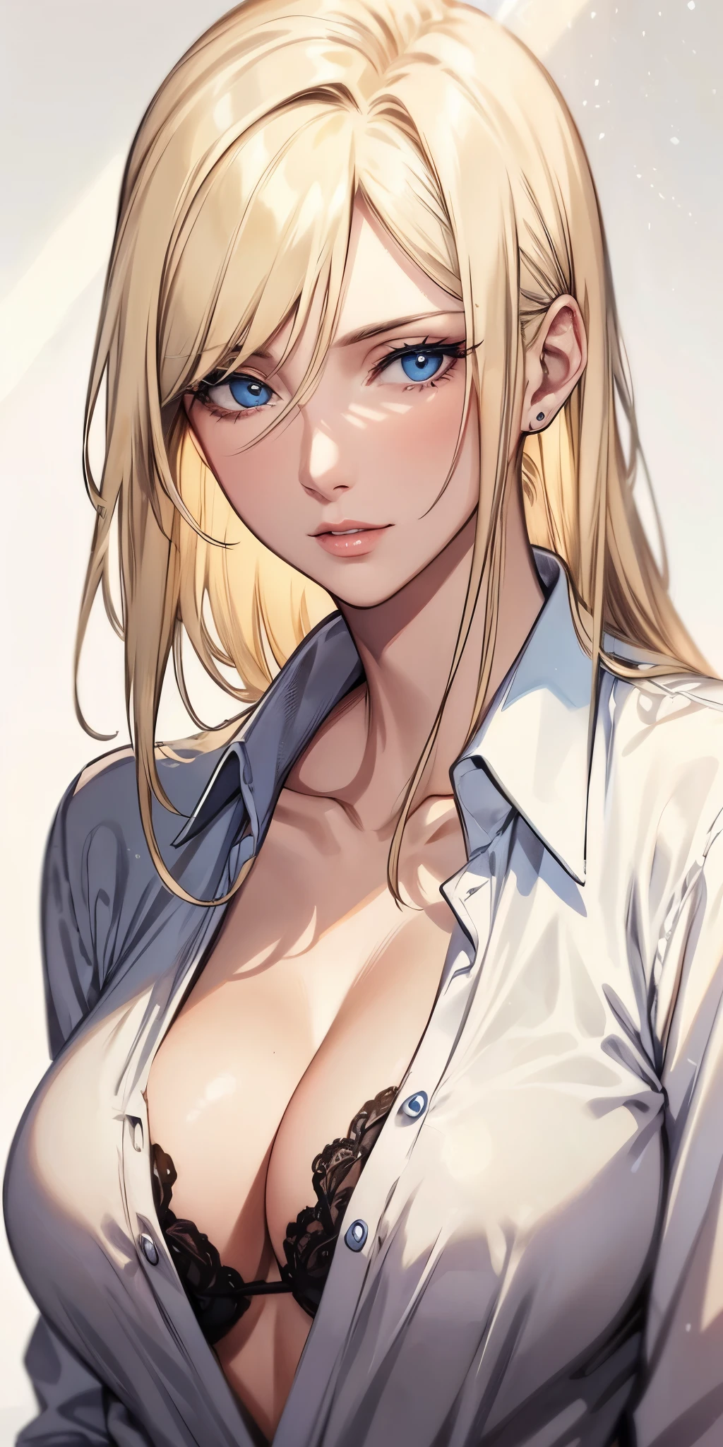 portrait, realistic, elegant mature woman, blue eyes, blonde hair, big breast, 4k resolution, beautiful cg, soft light