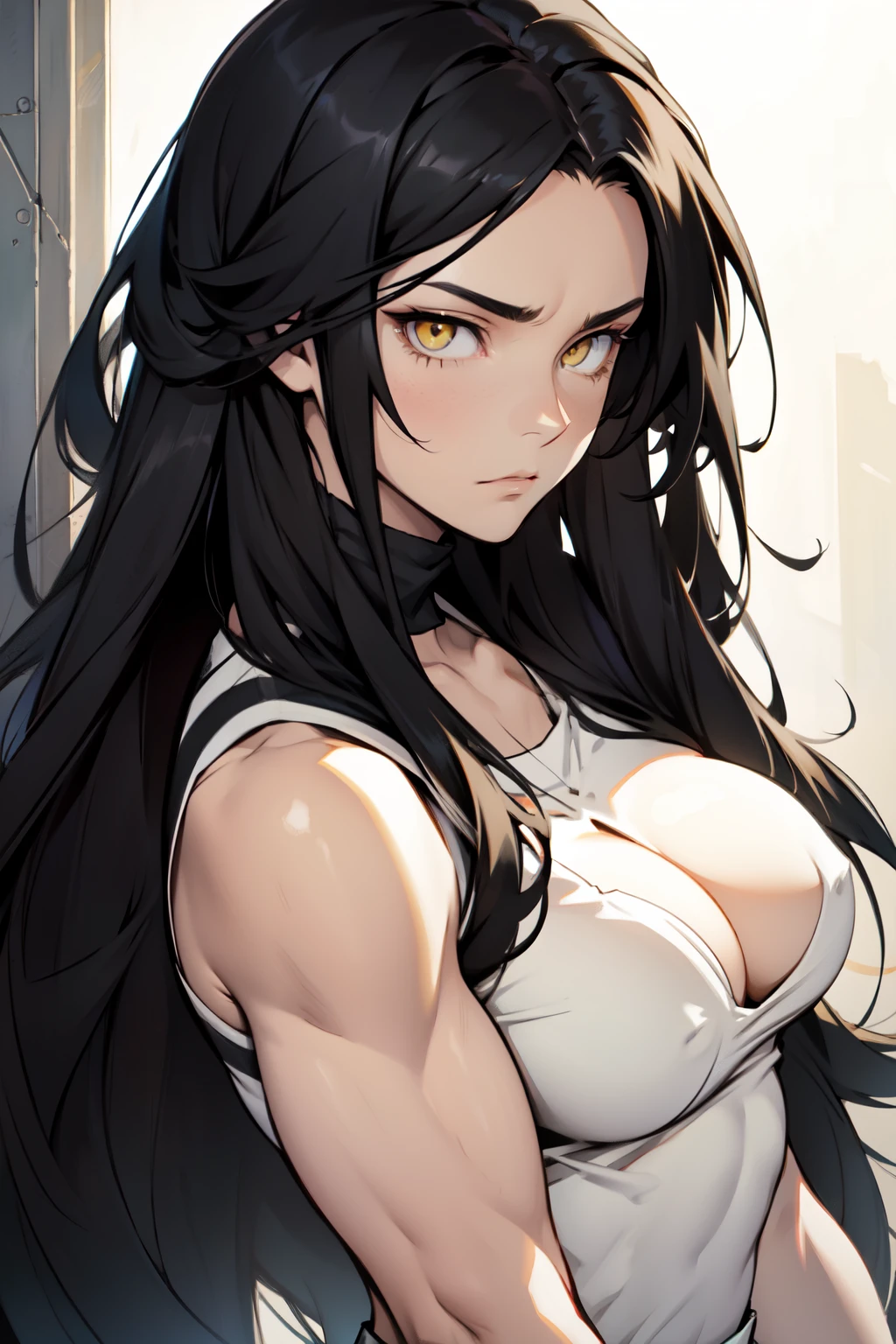 long hair long hair black hair yellow eyes pale skin muscular large breasts girl looking at viewer sad