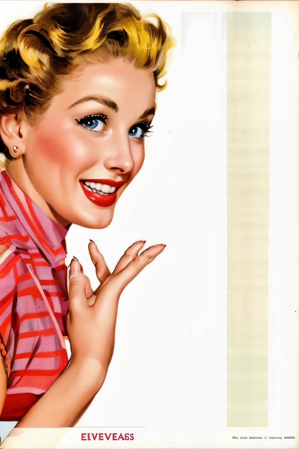 arafed image of a woman with a smile and a hand up, 1950s illustration style, smile 1950s, 50s style infomercial, vintage magazine illustration, girl pinup, gil elvgren style, gill elvgren, vintage illustration, 1 9 5 0 s style, by Alberto Vargas, 50s style