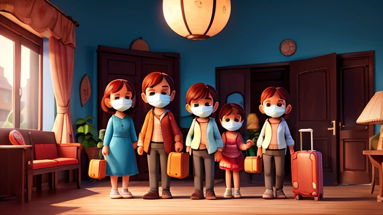 urgent,families,hurried,masked faces,luggage,goodbye,house,illustration,high quality,realistic,emotional,vibrant colors,warm lighting