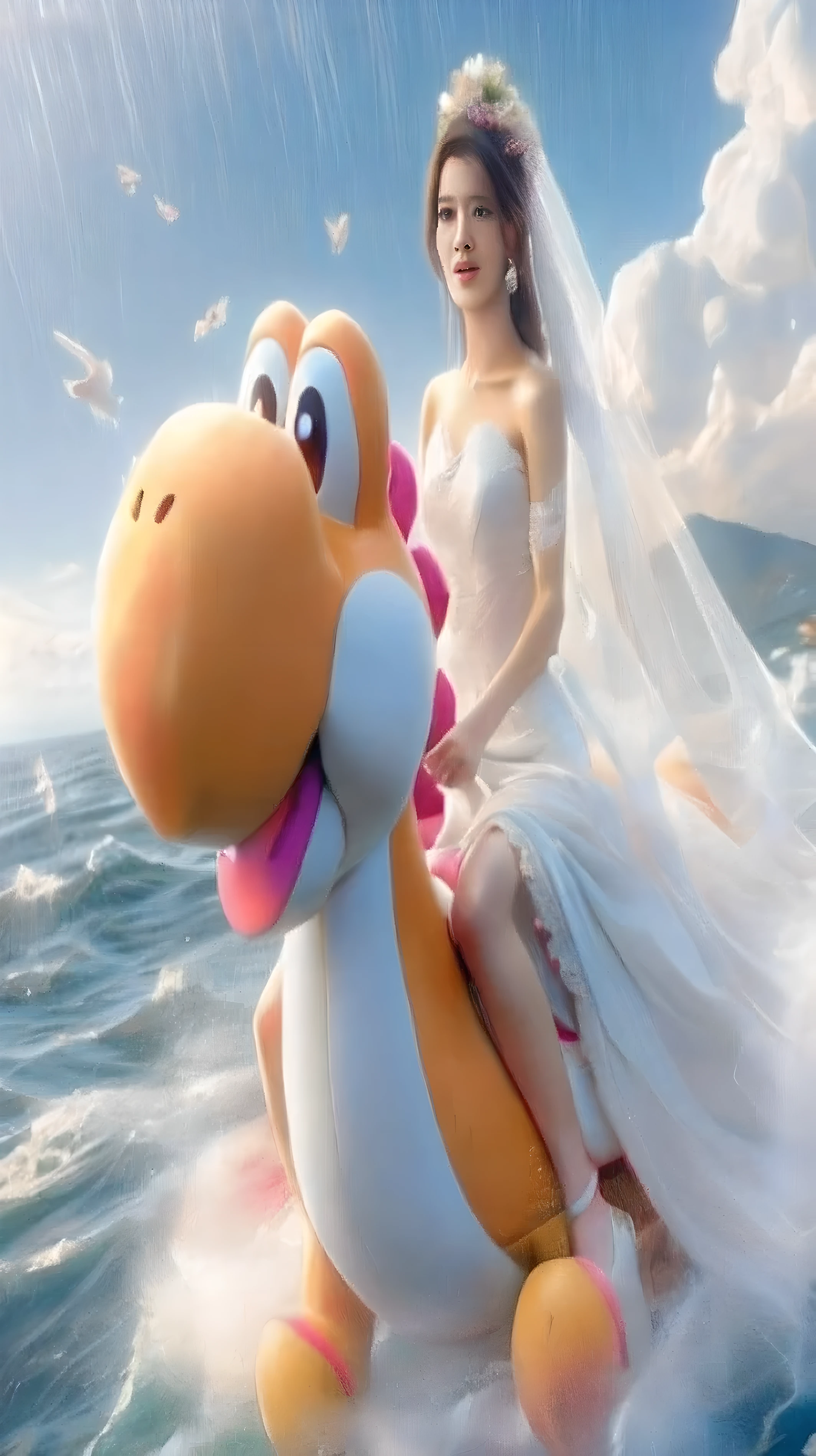 A Taiwanese beauty wears a white wedding dress,Riding Yoshi on the sea