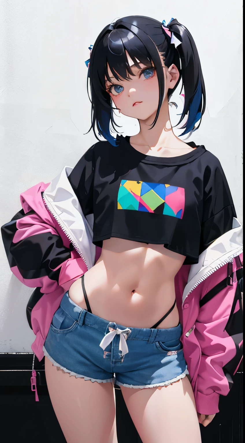 Hatsune miku add_detail:1, belly button, looking at the viewer, hand on hip, black jacket, dolphin shorts, ingle, (white shirt:1.2), braid, very long hair, Wide hips, 
under the chest, shirt, 
Big\(Body proportions\),
