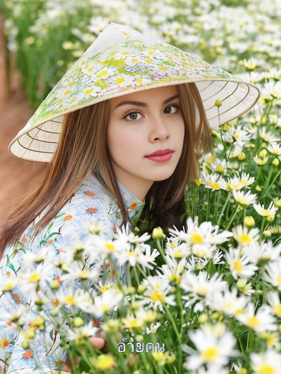 a close up of a woman wearing a hat In a field of flowers, girl in flowers, หน้าผากสาวIn a field of flowers, แนวของหญิงสาวIn a field of flowers, In a field of flowers, หญิงสาวIn a field of flowers, woman in flowers, ยืนอยู่In a field of flowers, Anna Nikonova, also known as New Milky, covered with flowers, Vietnamese woman, In a field with flowers