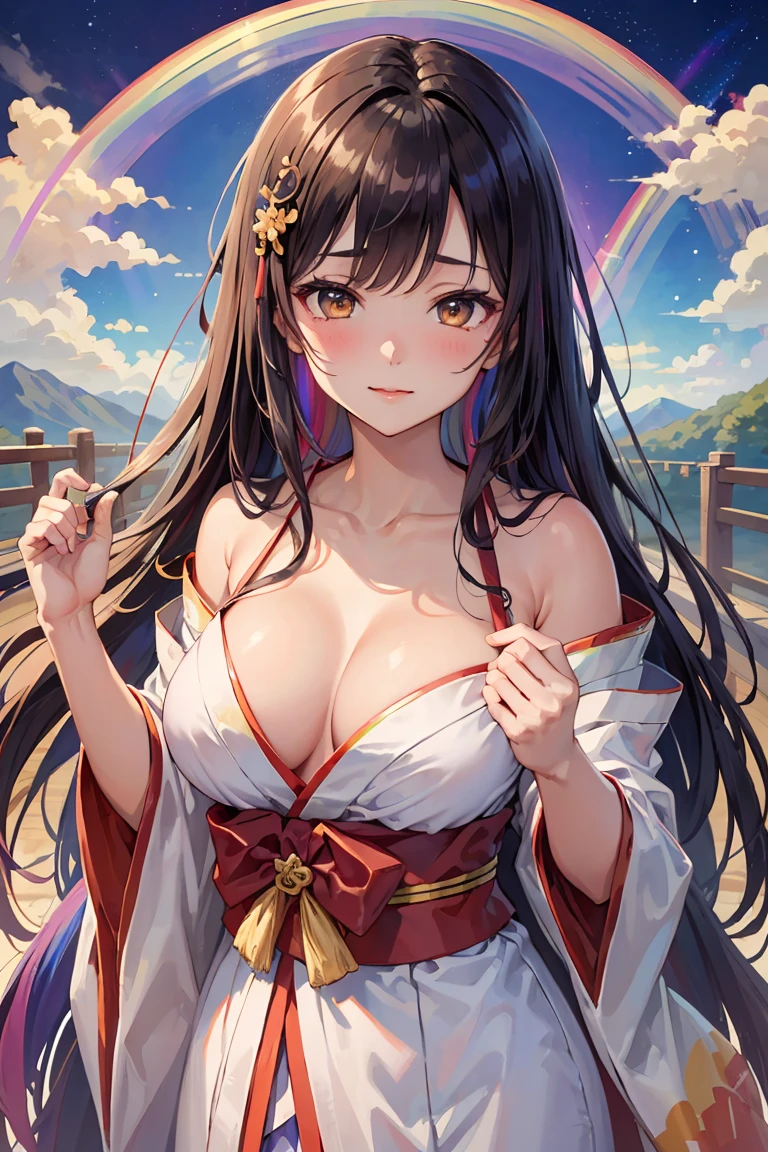 (1girl), reddish、de cor laranja、yellow、verdant、green grass、blue、A rainbow consisting of seven purple colors、The rainbow is the bridge between heaven and earth, Amaterasu stepped on a rainbow when descending from heaven, Amaterasu、Wearing a white kimono、Draw the figure of a woman with long hair。 Rainbow、Draw as a bridge between heaven and earth。 Amaterasu、Stepping on the rainbow、Coming down from top to bottom。 Rainbow、It shines in seven colors。 In the background、Draw nature such as clouds and mountains。Amaterasu、Emerging from among the clouds、Start stepping on the rainbow。Rainbow、As a bridge between heaven and earth、It shines brilliantly。Amaterasu、Stepping on the rainbow、Coming down from top to bottom。Amaterasu's white kimono is、((nude, breasts and genitals exposed, vulva and clitoris exposed)),In harmony with the seven colors of the rainbow。In the background、Nature such as clouds and mountains are depicted.、It is as if we are blessing the advent of Amaterasu.。(upper body:1.3), (rainbow aura background:1.5), rainbow sky.