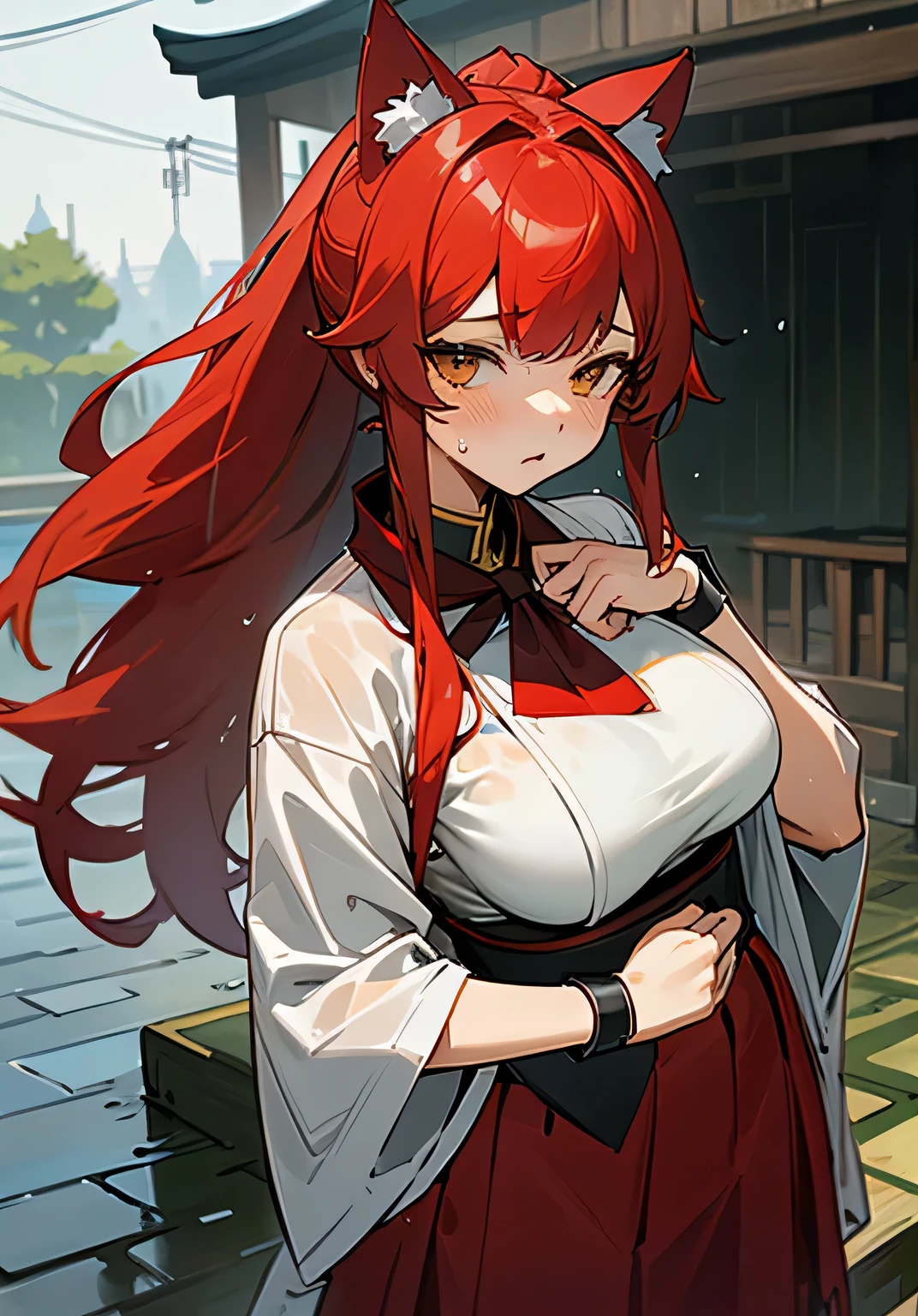 {best quality},rainy,wet,{{{wet cloth}}},wet clothes、Very wet clothes、soaking wet、Cat ear、red hair、Her right eye is hidden by her bangs、Long hair in a ponytail、big breasts、big breasts、Shrine maiden combat uniform with an open chest area、Wide cuffs、There are quite a lot of exposures where the breasts are exposed.、red skirt