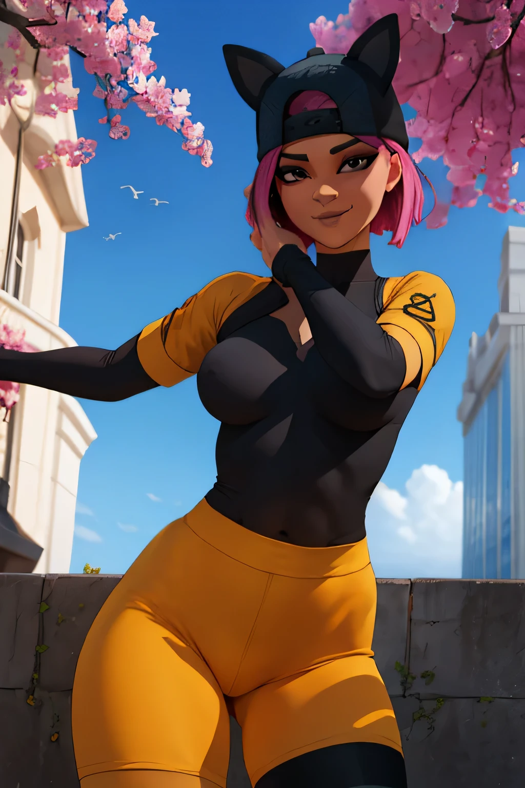 1 chica, (obra maestra), (Mejor calidad), de pie, (solo), mirando al espectador, alto detallado,Extremadamente detallado, Ojos finos, sonrisa,dynamic pose, pelo corto rosa,gorra,top corto, chaqueta negra,guante sin dedos,con curvas,bosque,anteojos,(leggins grises),(retrato:1.2),