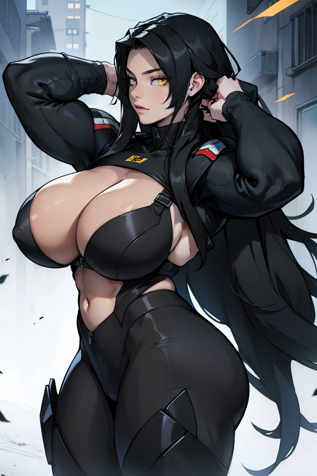 ((((long hair)))) black hair yellow eyes pale skin muscular girl huge breasts