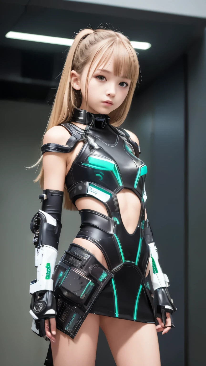 high quality, ​photorealistic masterpiece, two close friends, Beautiful tween girls, small skinny girls, cute girl, cyberpunk, Wearing futuristic robotic tactical shear armor cyberpunk suit with cutouts showing body, skinny athletic body showing legs, innocent, playful, Famous actresses of Japan, very beautiful face, skirt, dress, backside 