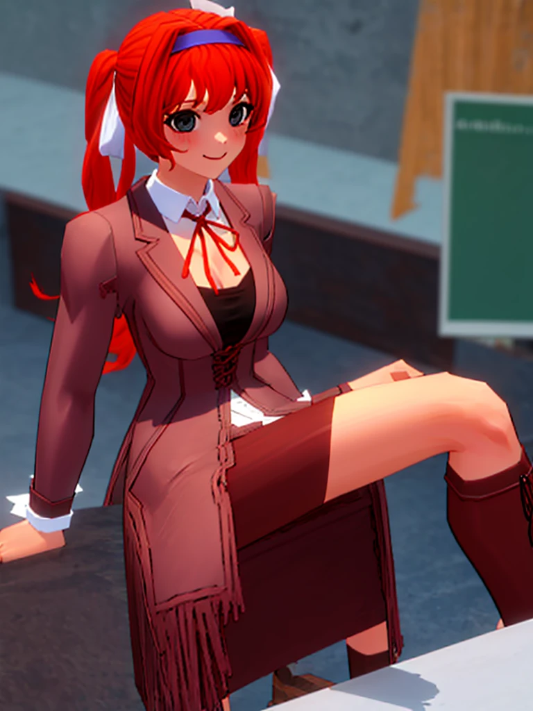 Twintail, red haired, 1girl, grey eyes, well toned, well built, muscled, toned muscles, (masterpiece), best quality, highres, solo, ribbon, white ribbon, hair ribbon, brown jacket, jacket, long sleeves, smiling, indoors, classroom background, standing, looking at the viewer, (ddlc school uniform:1.5), (showing dripping naked pussy:1.3)、 sitting, spread legs unbuttoned uniform, lingerie, visible bra