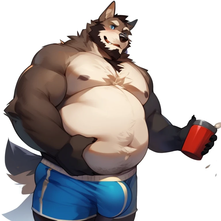 solo, male, werewolf, wolf, canine, chubby, musclegut, round, round belly, belly, pot belly, plump, swolen, mature male, dadbod, dad, facial hair, beard, embarrassed, chest fur, stomach fur, hands on belly, looking down at belly, grey fur, blue eyes, body hair, half-body, looking at down at self, boxers, huge bulge, white background, by mystikfox61, by darkgem, by glitter trap boy, by bebebebebe