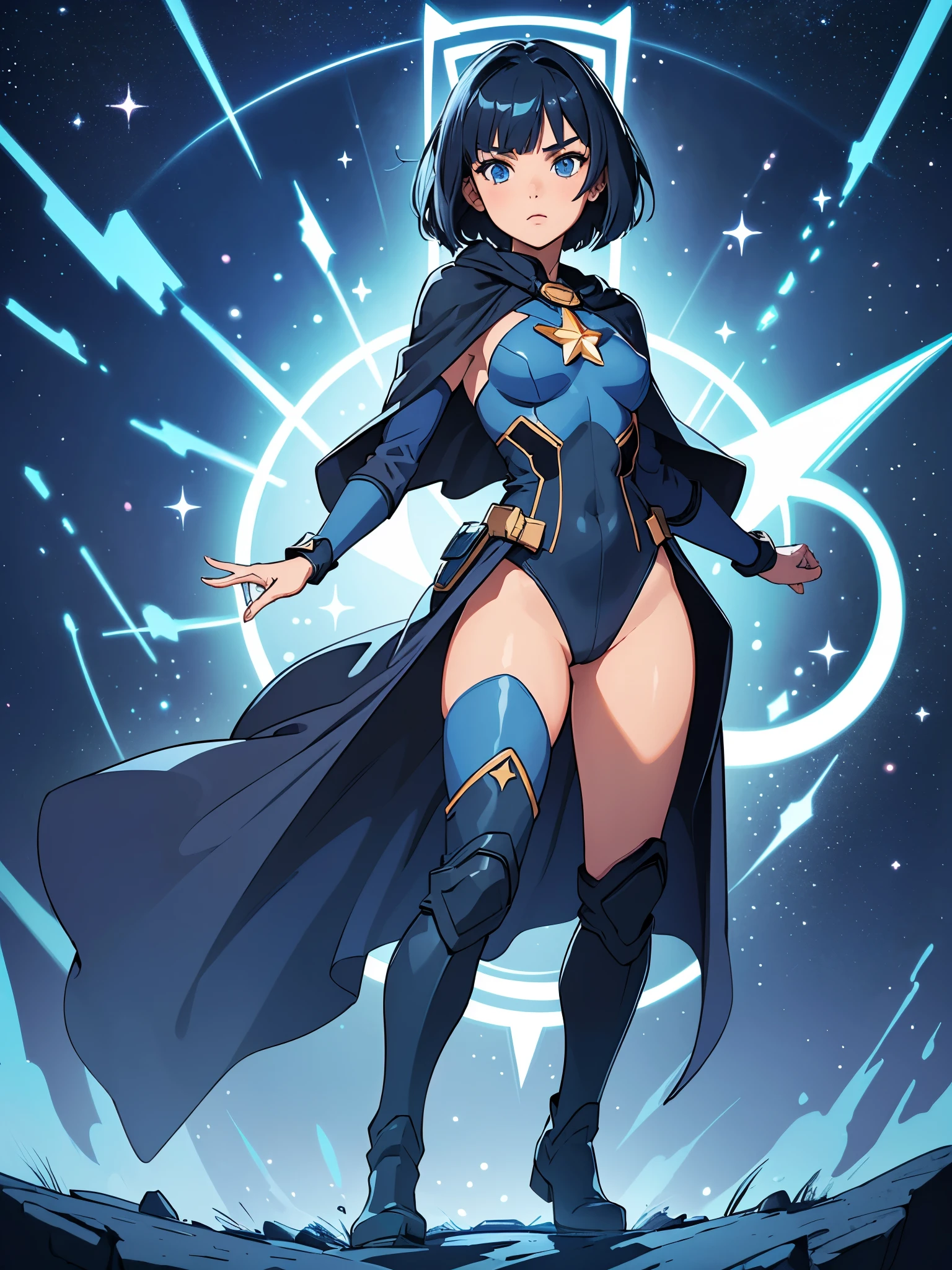 masterpiece, best quality, 1girl, superhero, ((leotard, dark blue leotard)), long sleeves, (shoulder-length cape), bare legs, boots, dark blue boots, matching boots, medium breasts, diffraction spikes, light particles, aura, blue aura, standing, standing straight, space backdrop, blue hair, ((short hair, bob hair)), blue eyes, beautiful detailed eyes, beautiful detailed face, cute face, heroic, ((star symbol on the chest)), serious, full body with costume, full body, cowboy shot