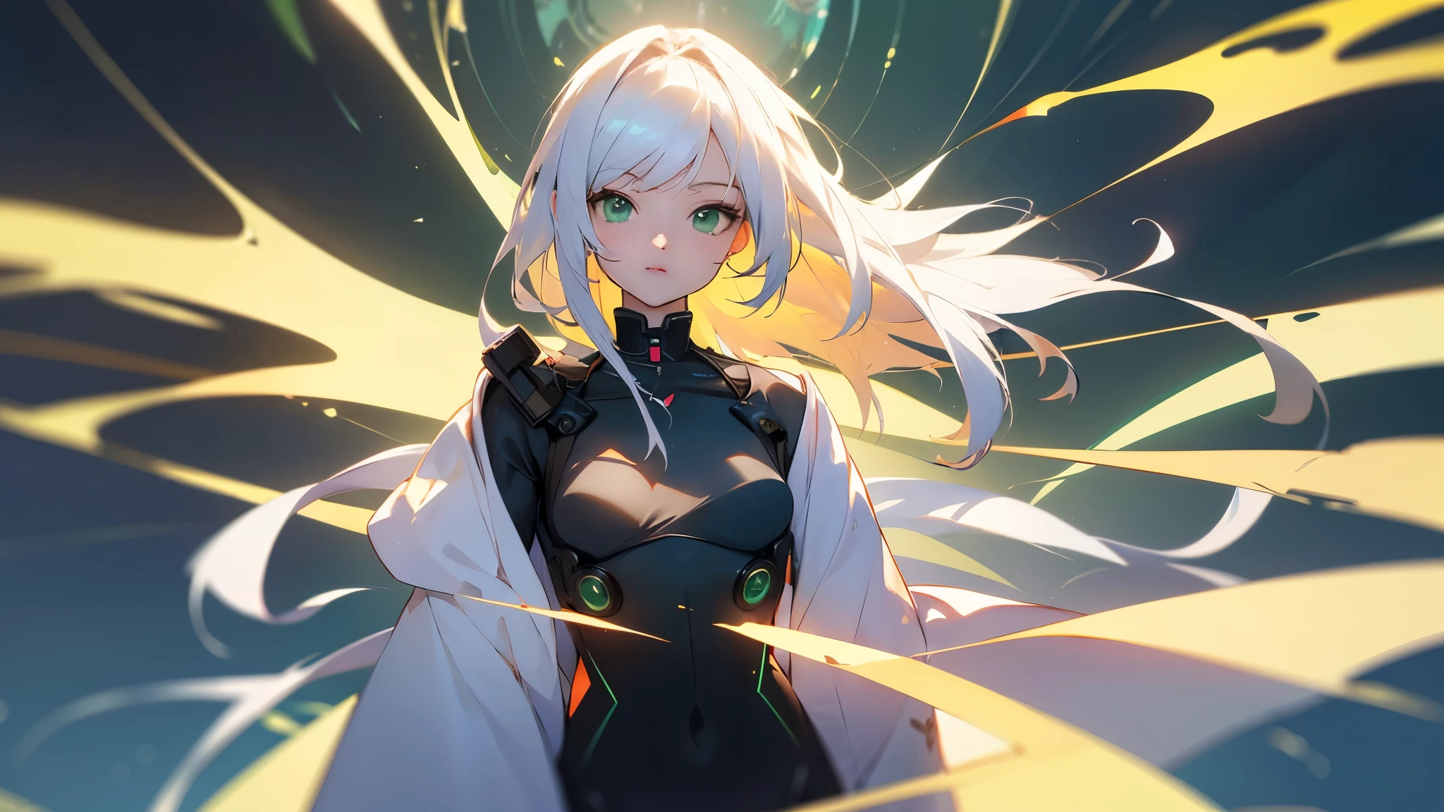 Anime girl with white hair and green eyes, long hair、Anime CG arte suave, anime style. 8k, Hecho con Anime Painter Studio, Retrato realista kawaii, Render de una linda chica de anime , Retrato suave colorido, Anime estilizado、(fondo) (Calidad de imagen superior), (Fondo de pantalla 8k unificado CG ultrafino), (colorido:1.2), Sharp focus (full body camera shot), flat chest, 