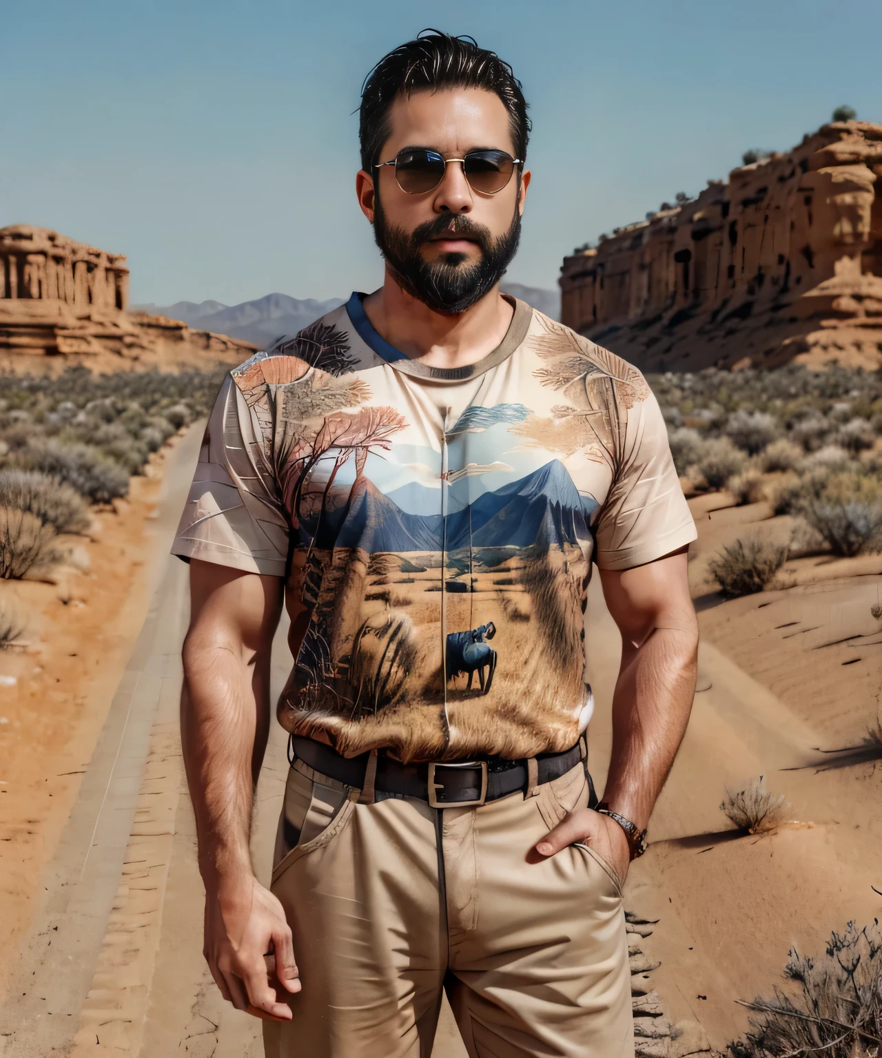 Obra maestra, desenfoque de campo, Parte superior del cuerpo, Hands in pants pockets, 38 year old man with beard and square sunglasses. Man wearing a shirt with animal designs in an action movie with a desert in the background. Camisa con figuras de animales.