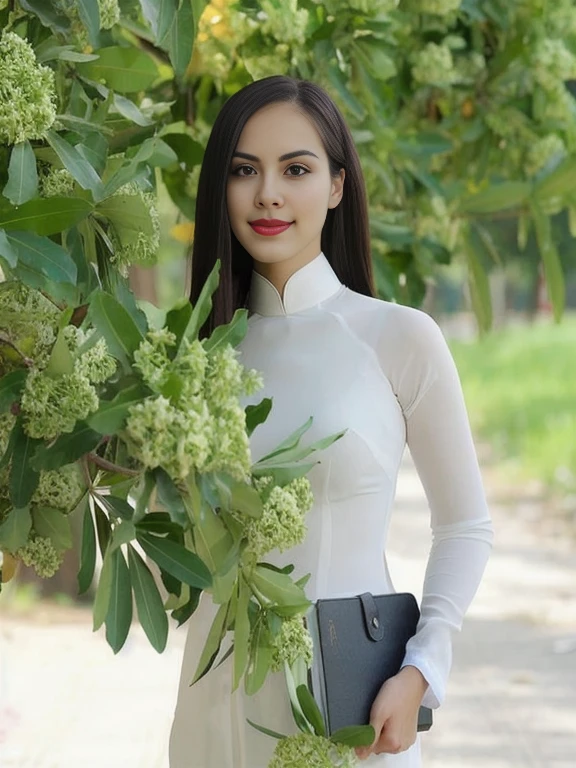 Araffe woman in white dress holding a black wallet, Ao Dai, Vietnamese woman, Tomorrow, Tran., With a new beauty, In Lammanh style, It has an elongated white color., beautiful woman in white dress, With a graceful smile, an asian woman, beautiful asian girl, with a beautifull smile, asian woman, Dressed in a beautiful white dress