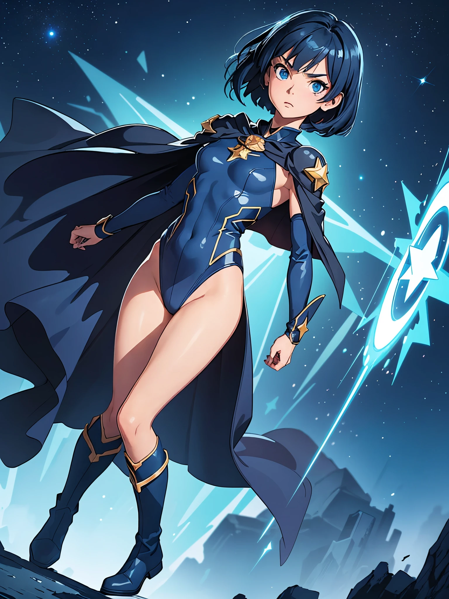 masterpiece, best quality, 1girl, superhero, ((leotard, dark blue leotard)), long sleeves, ((shoulder-length cape)), bare legs, boots, dark blue boots, matching boots, medium breasts, diffraction spikes, light particles, aura, blue aura, standing, standing straight, space backdrop, blue hair, ((short hair, bob hair)), blue eyes, beautiful detailed eyes, beautiful detailed face, cute face, heroic, ((star symbol on the chest)), serious, full body with costume, full body, cowboy shot