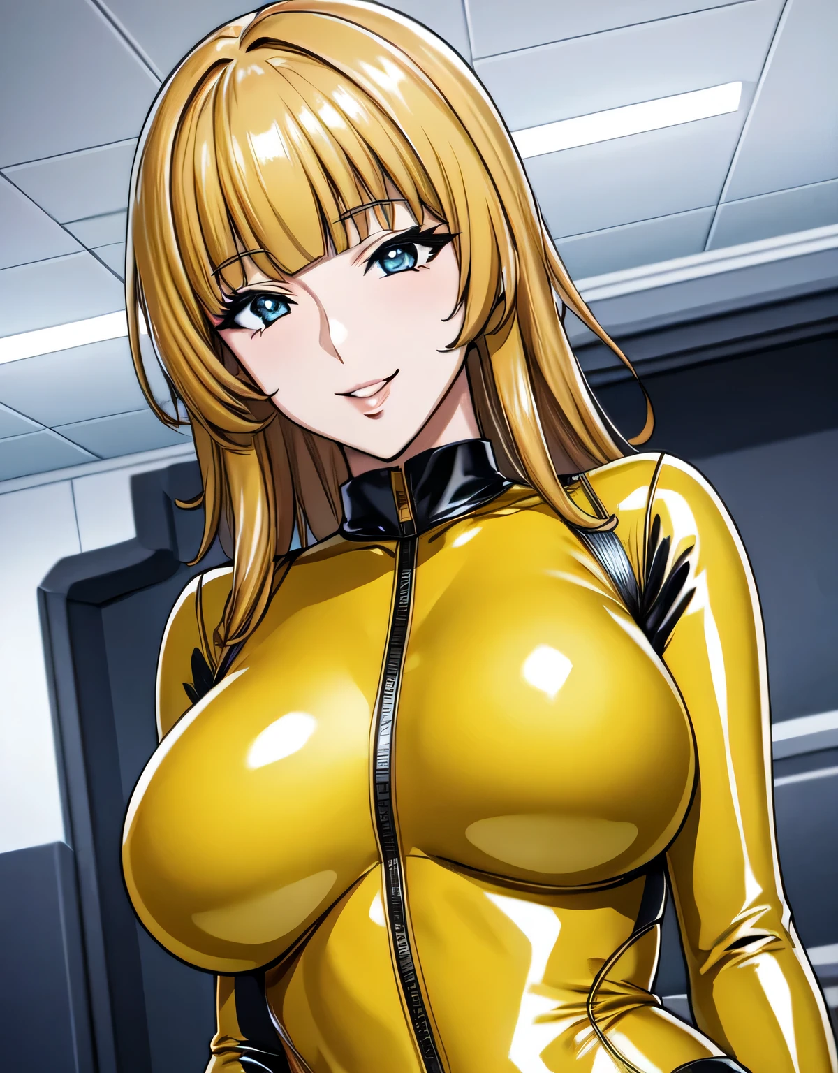 (large breasts:1.5),(shiny hair),((solo)),((masterpiece)),((best quality)),perfect anatomy,slim waist,perfect image,8k UHD,(beautiful detailed eyes:1.3),extremely detailed face,standing,(upper body:1.2),(look at the front:1.5),arms behindback,ultra-detailed,absurdres,highres,((sensitive smile)),indoor arena,semi-long hair,blonde hair,((blunt bangs)),shiny yellow body suit,(latex),mature female,sexy mature women,30 years-old,