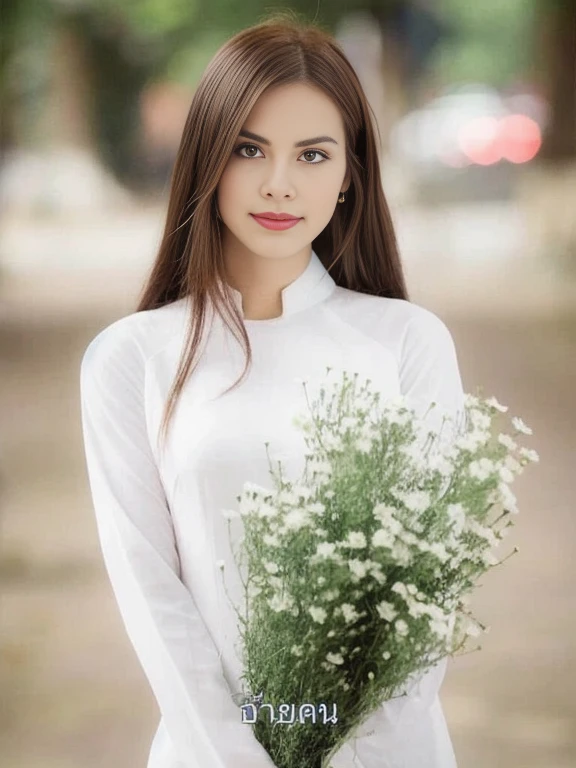 Close-up of a woman holding a bouquet of flowers, with flowers, Anna Nikonova, also known as New Milky, Vietnamese woman, beautiful woman in white dress, a lovely young woman, attractive woman, very beautiful woman, beautiful female model, cute woman, Tomorrow, Tran., In Lammanh style, Ukrainian Girl, Ao Dai, lovely young woman, holding flowers