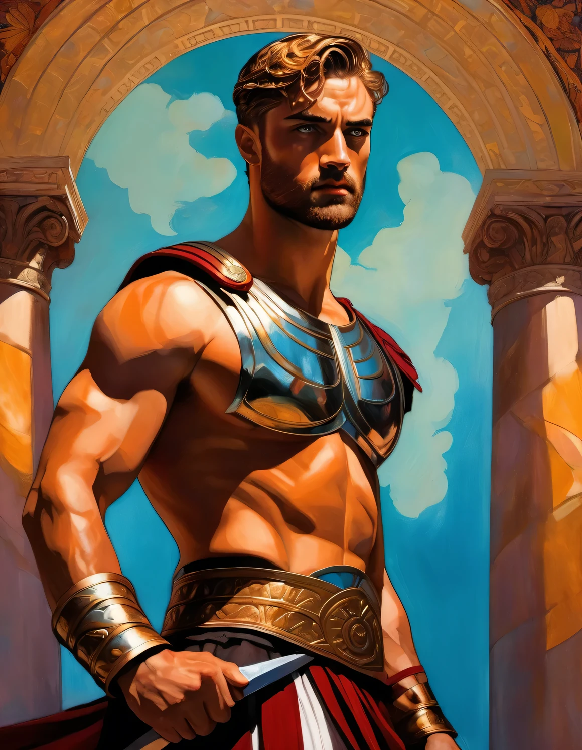 chiaroscuro technique on impressionist illustration of an masculine, Pantheon male model, handsome Roman, he is the god of war, he is Ares, Mars, evil-color, strong look, light blue eyes, strong jawline, dressed as a gladiator, ancient gladiator, male gladiator skirt, matte painting, by Harumi Hironaka, extremely soft colors, vibrant, pastel, highly detailed, digital artwork, high contrast, golden dramatic, refined, tonal, an intimate, titanic color