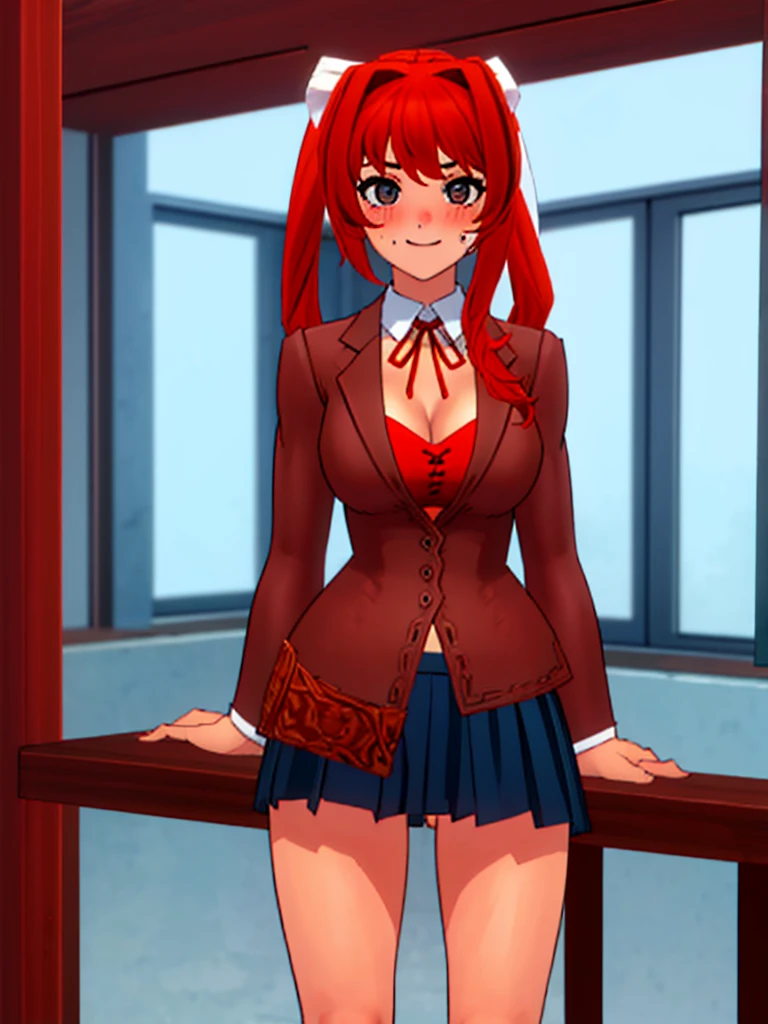 Twintail, red haired, 1girl, (grey eyes1.2), well toned, well built, muscled, toned muscles, (masterpiece), best quality, highres, solo, ribbon, white ribbon, hair ribbon, brown jacket, jacket, long sleeves, smiling, indoors, classroom background, standing, looking at the viewer, (ddlc school uniform:1.5), (showing dripping naked pussy:1.5)、 sitting, spread legs unbuttoned uniform, lingerie, visible bra, lifted skirt, sweating, blushing, aroused, luquid dripping from her vagina