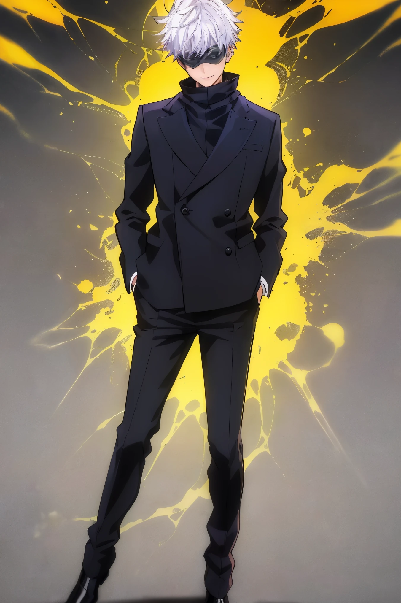 (best quality, masterpiece:1.2), 1 detailed boy standing in a dynamic pose. The boy, Gojou Satoru, has short white hair and a confident smile. He is wearing a stylish black jacket with a high collar, black pants, and shoes. His outfit has long sleeves, and he is seen with his arms on his hips. The boy is also wearing a blindfold, adding an intriguing element to the composition. The artwork should showcase the boy's full body and emphasize his energetic and charismatic presence. The focus should be on capturing his unique personality and showcasing his stylish attire. The overall color tone should be vibrant and dynamic, with a mix of contrasting dark and light elements. The lighting should enhance the details and create a sense of depth and dimensionality.