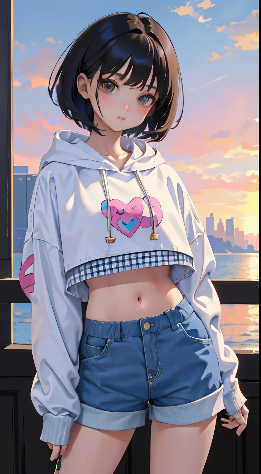 (short cute girl，small young student，young delicate girl）,（masterpiece，Top quality)，crop top look，pastel hoodie，(gingham check shorts)，black hair，toy world