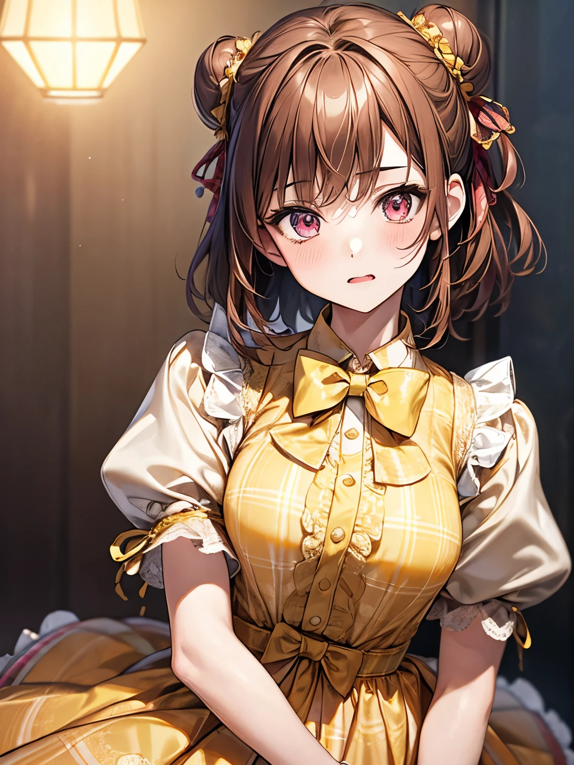 1 girl, Solo, Japanese girl, Cute Girl, , Best Quality, Ultra-detailed, 8K, High resolution, brown hair, medium hair with twin buns, pink eyes, fang, spelling the magic, magical circle, (((collared dress, light yellow dress, plaid dress, puffy sleeves, short sleeves, lacy collar, bowtie))), dragon on the background,