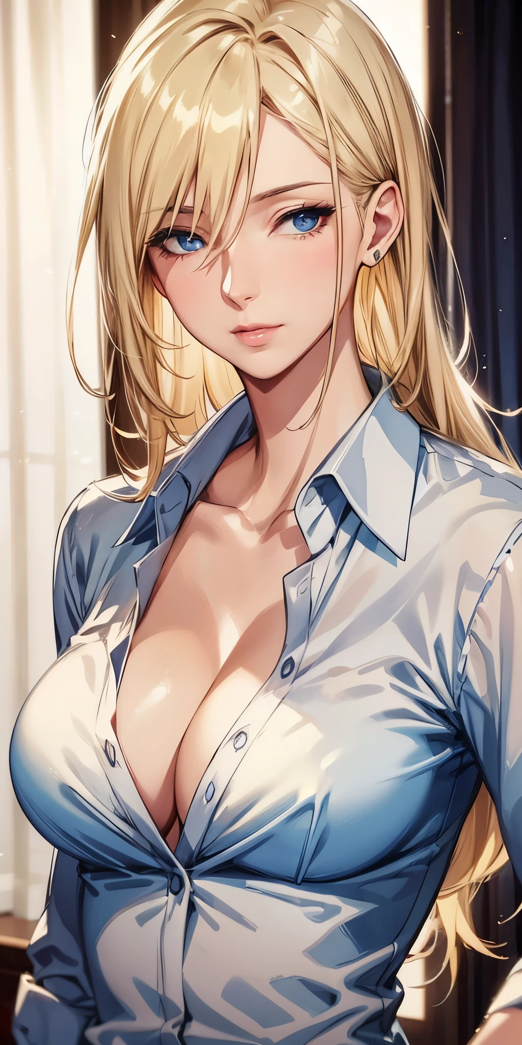 portrait, realistic, elegant mature woman, blue eyes, blonde hair, big breast, 4k resolution, beautiful cg, soft light