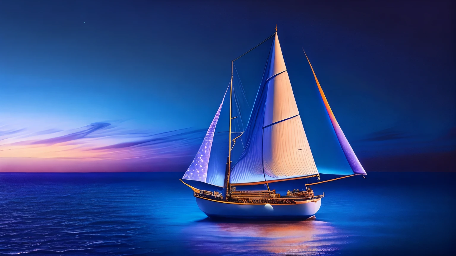 stern view of a large sail boat sailing towards the horizon with a beautiful evening and sunset on calm water, azul e cristalinas, em uma fotografia que captura as texturas, and cinematic reflections. Create a mesmerizing scene where vast shades of blue and lilac merge perfectly, misturando matizes e elementos em perfeita conformidade, inspire the viewer with your art as you freeze this ephemeral symphony of the sailboat snowing in the gentle breeze of winds on a calm sea. let your lens become a window into this celestial composition in a visual masterpiece