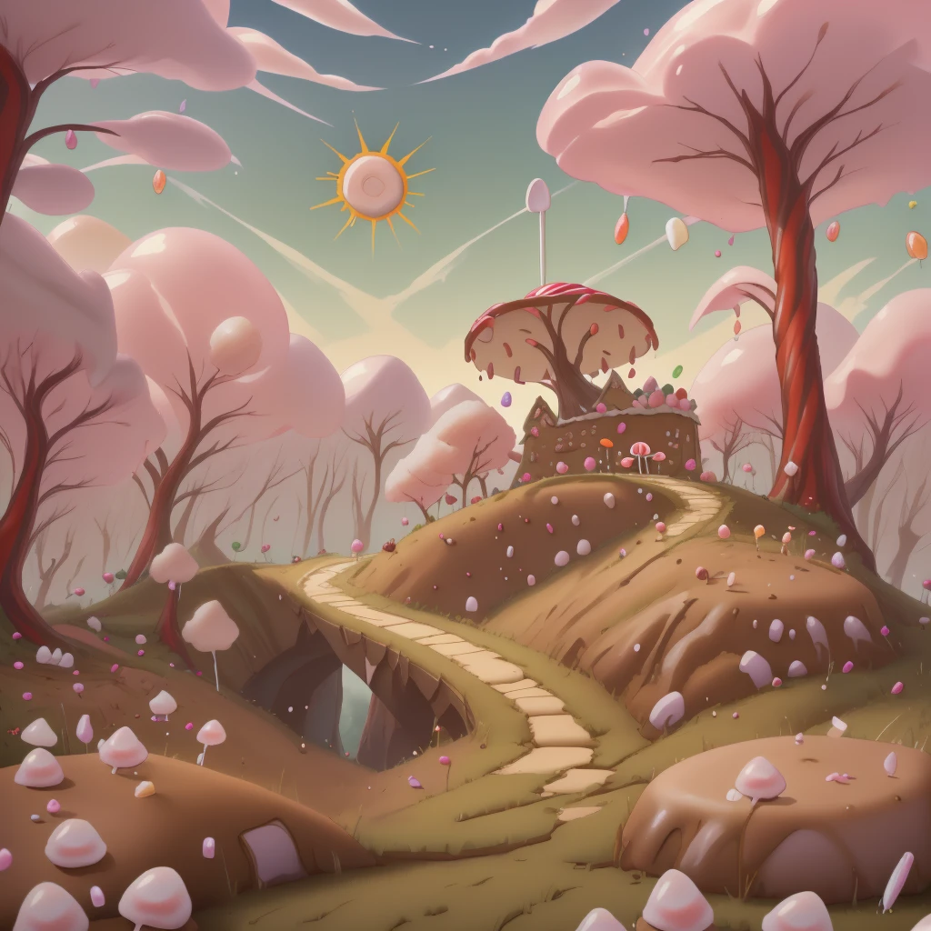 large general shot:1.8, ((beautiful landscape entirely made of candy:1.7)), ((candy, lollipops, delicious cakes, beautiful donut-shaped sun, cotton candy trees:1.6)), cheerful colors: 1.4, work of art, highly detailed:1.5, idyllic, dreamy, epic, cinematic shot:1.5, beautiful lighting, award-winning image:1.5, 32k.