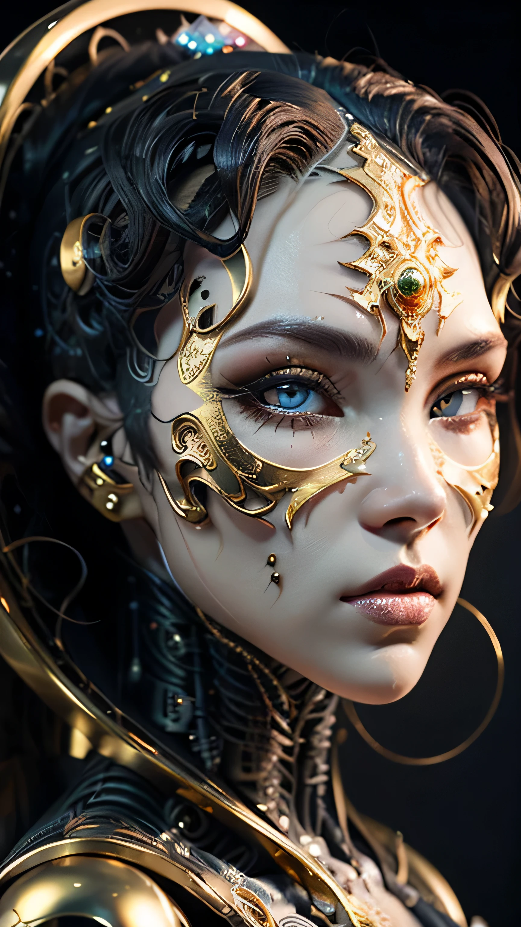 (melhor qualidade,Ultra - Detalhado,best illustration,Melhor sombra,tmasterpiece,A high resolution,ProfissionalArtwork,obras de arte famosas),Olhos detalhados,Olhos belos,clivagem em close-up,scientific fiction,esclera colorida,robot eyearcas faciais,Tatuado com,(fractalizado,olhos fractais),olhos grandes,olhos arregalados,(foco ocular),Foco Sface,Cosmic eyes,Olhos espaciais,Close-up da escultura de metal de uma mulher com uma lua em seu cabelo,deusas。Detalhe extremamente alto,Retrato da deusa 3D,Imagens extremamente detalhadas da deusa,Um retrato impressionante de uma deusa,Imagem lateral da deusa,Retrato de uma bela deusa,Retrato em close-up de corpo inteiro da deusa,hecate goddess,portrait of a norse moon goddess,goddess of space and time, golden.