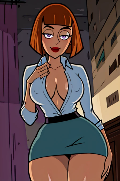 Maddie fenton, teaching a class, blazer, white shirt, partly unbuttoned showing off her big tits, cleavage, short pencil skirt, stockings, shiny skin, seductive, leaning in toward you, cocky attitude, dimly lit, night time, classroom