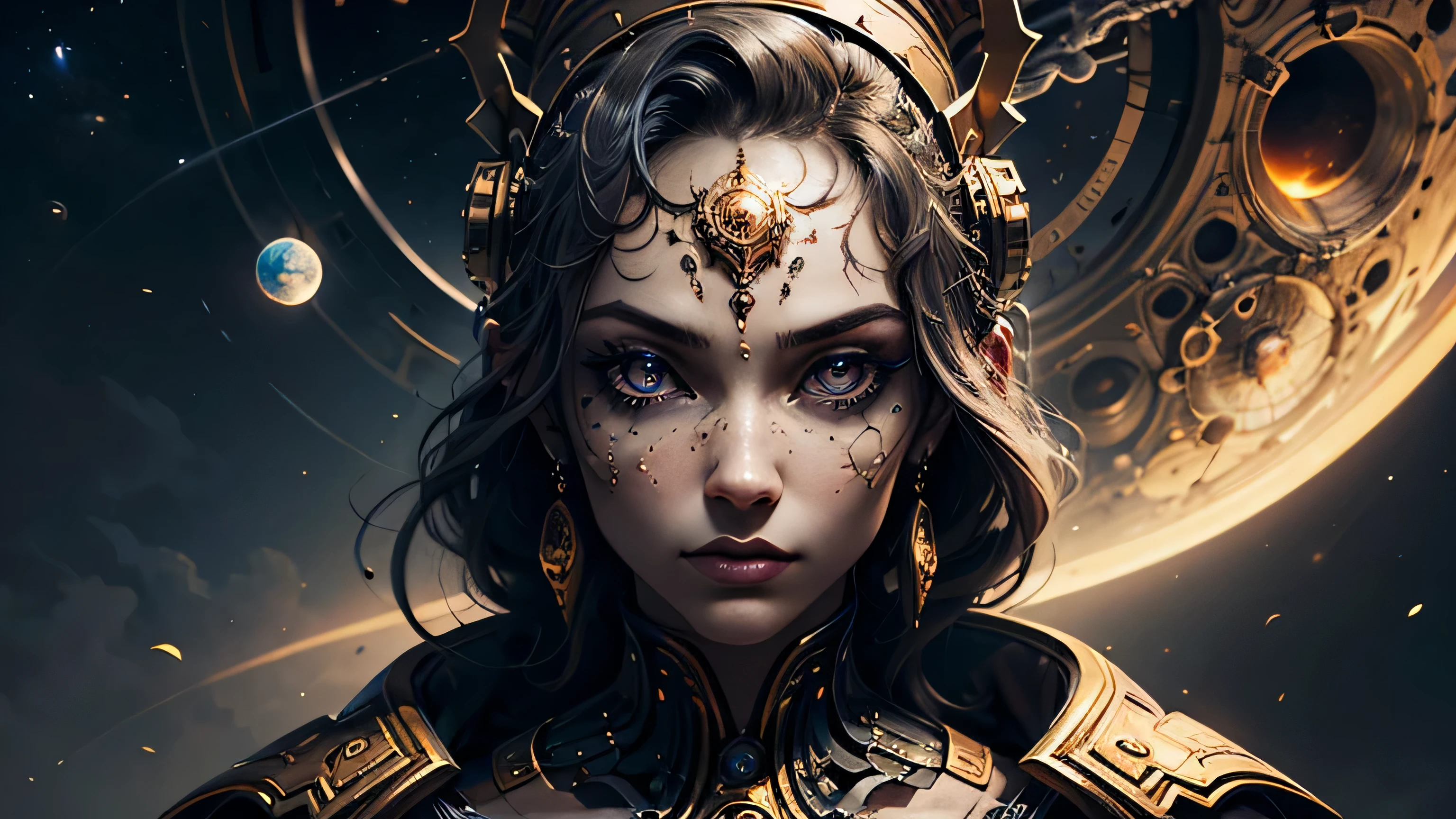 （melhor qualidade，Ultra - Detalhado，best illustration，Melhor sombra，tmasterpiece，A high resolution，ProfissionalArtwork，obras de arte famosas），Olhos detalhados，Olhos belos，clivagem em close-up，scientific fiction，esclera colorida，robot eyearcas faciais，Tatuado com，（fractalizado，olhos fractais），olhos grandes，olhos arregalados，（foco ocular），Foco Sface，Cosmic eyes，Olhos espaciais，Close-up da escultura de metal de uma mulher com uma lua em seu cabelo，deusas。Detalhe extremamente alto，Retrato da deusa 3D，Imagens extremamente detalhadas da deusa，Um retrato impressionante de uma deusa，Imagem lateral da deusa，Retrato de uma bela deusa，Retrato em close-up de corpo inteiro da deusa，hecate goddess，portrait of a norse moon goddess，goddess of space and time, golden.
