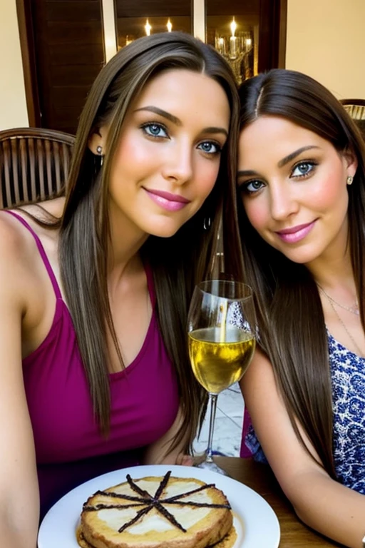 Una chica muy sexy, long light brown hair, ojos azul claro, ,muy sexy y realista , tiene hechas las trenzas .cuerpo completo ,muy realista ,esta haciendose un selfie con la mama y el papa ,They are sitting at a table with a glass of wine and celebrating her birthday.