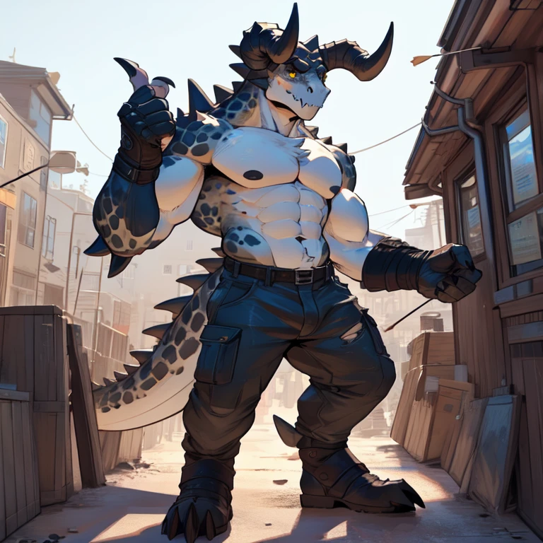 Tall_lanky_muscular_deathclaw male dark_beige_scaled_body spotted_scales yellow_eyes solo Masterpiece best_quality absurdres highly_detailed cleanly_drawn_eyes anthro_only by_claweddrip, by_greasymojo, by_underscore-b, by_runawaystride ripped_cargo_pants ripped_leather_duster fingerless_gloves goggles destroyed_building heavy_dust_storm shirtless thumbs_up
