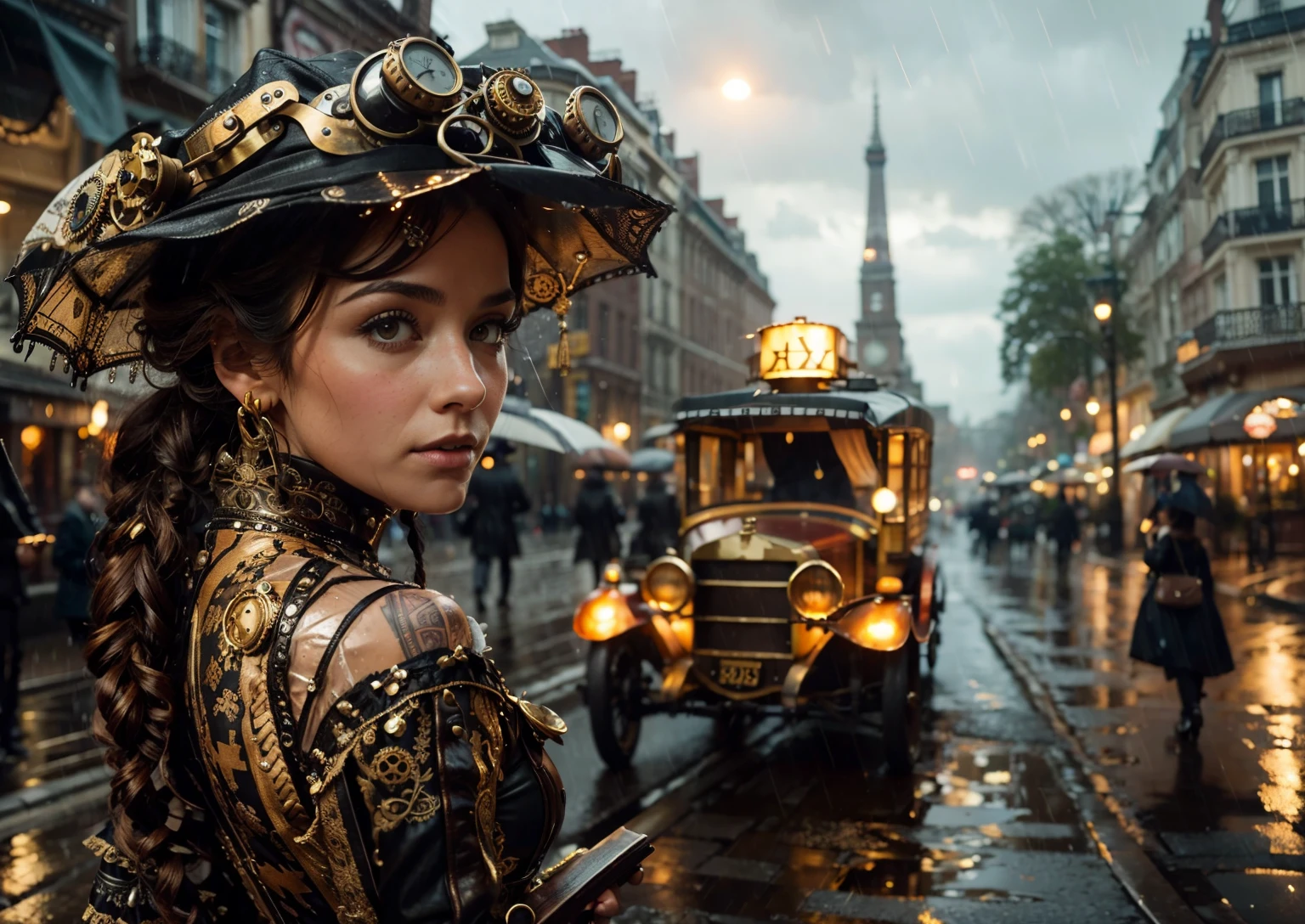 Foreground:

A captivating steampunk woman, her attire a fusion of elegance and functionality. Gears and pistons adorn her outfit, perhaps incorporated into a flowing skirt or a cunningly designed backpack.
Background:

A bustling cityscape in the throes of a downpour. Rain slicks the cobblestone streets, reflecting the gaslight glow from ornately decorated houses in the steampunk style.
In the distance, a classic 1908 taxi navigates the wet streets, its brass trimmings gleaming momentarily before being obscured by the rain.
Additional details:

Consider incorporating specific details to enhance the scene. Perhaps the woman clutches a parasol, its fabric adorned with gears or cogs, struggling to shield herself from the relentless rain.
You could also add elements of movement, like the woman's dress billowing in the wind or the taxi splashing through puddles.