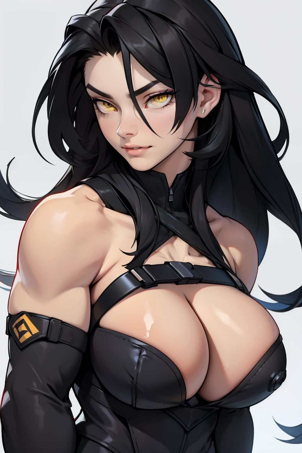 (((long hair))) black hair yellow eyes pale skin muscular girl huge breasts