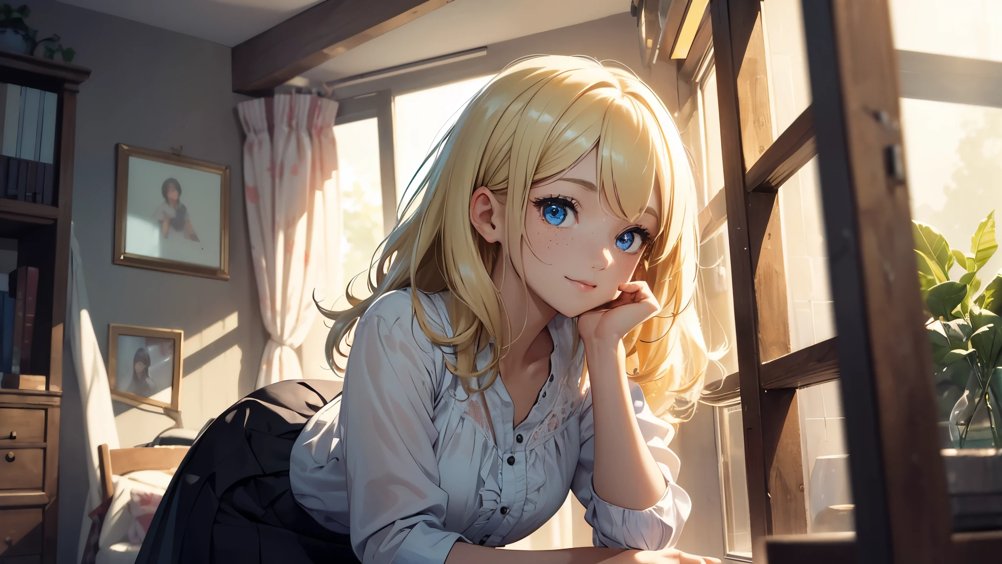 ((masterpiece,best quality,ultra detailed,ultra high res)), soft realistic focus, Perfect Eyes, dynamic shadows, realistic image, vibrant colors,light leaks,dreamy atmosphere,chiaroscuro,BREAK
experimental charm, The girl is depicted in full growth, girl 10 years old, thin and tall, you see the girl from head to toe, nostalgic appeal, country girlfriend, she take you with yourself, skirt and short blouse, soft mischievous smile, freckles, blonde hair, slightly leaning forward, flashback of memories, blonde, holding your hand