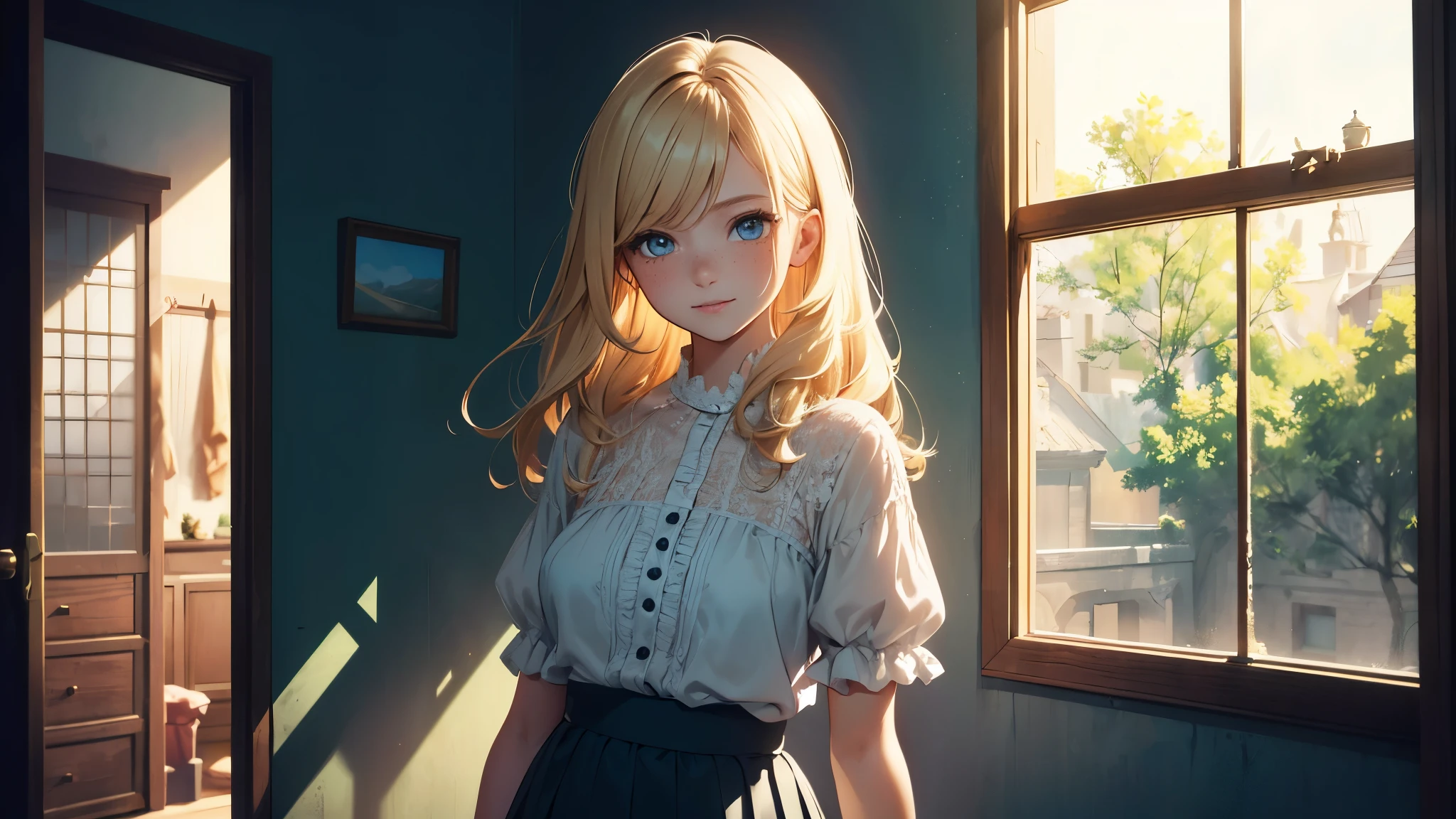 ((masterpiece,best quality,ultra detailed,ultra high res)), soft realistic focus, Perfect Eyes, dynamic shadows, realistic image, vibrant colors,light leaks,dreamy atmosphere,chiaroscuro,BREAK
experimental charm, The girl is depicted in full growth, girl , thin and tall, you see the girl from head to toe, nostalgic appeal, country girlfriend, she take you with yourself, skirt and short blouse, soft mischievous smile, freckles, blonde hair, slightly leaning forward, flashback of memories, blonde, holding your hand