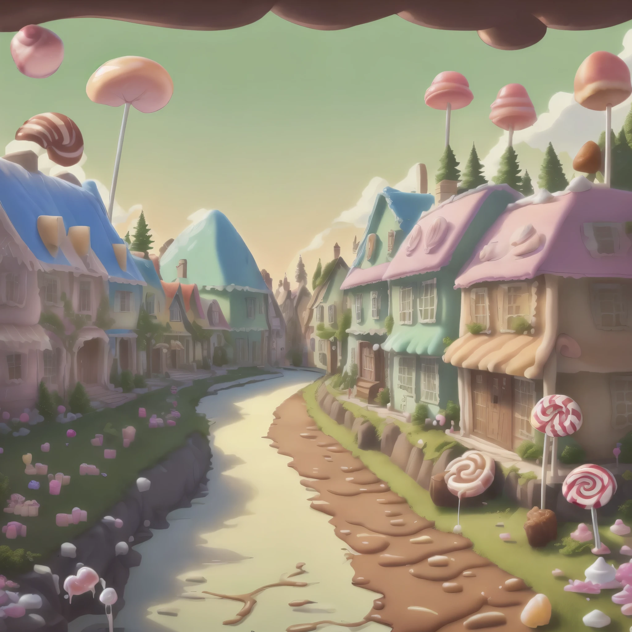 large general shot: 1.8, ((beautiful town from the 60s, entirely made of candies, sweets, lollipops, delicious cakes, beautiful donut-shaped sun, cotton candy trees: 1.6)), cheerful colors: 1.4, work of art, highly detailed:1.5, idyllic, dreamy, epic, cinematic shot:1.5, beautiful lighting, award-winning image:1.5, 32k.