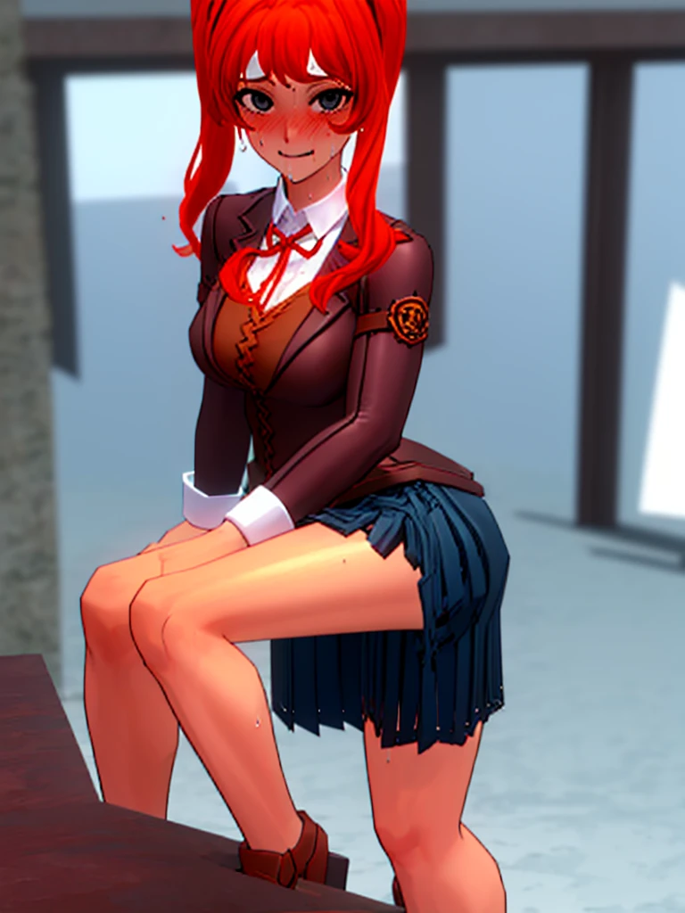 Twintail, red haired, 1girl, (grey eyes1.2), well toned, well built, muscled, toned muscles, (masterpiece), best quality, highres, solo, ribbon, white ribbon, hair ribbon, brown jacket, jacket, long sleeves, smiling, indoors, classroom background, standing, looking at the viewer, (ddlc school uniform:1.5), (showing sweating naked pussy:1.5)、 sitting, spread legs unbuttoned uniform, lingerie, visible bra, lifted skirt, sweating, blushing, aroused, luquid dripping from her vagina, exhaling steamy air, touching her pussy