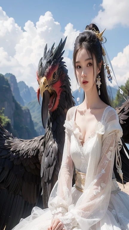 There is a woman sitting on the rock，There is a bird in the background, xianxia fantasy, Chinese fantasy, fantasy art style, Fantasy Photography, With real wings, realistic fantasy photography, beautiful fantasy queen, fantasy photography, fantasy beauty, Sha Xi, Popular topics on cgstation, huge feathery wings, She has a phoenix head, jingna zhang