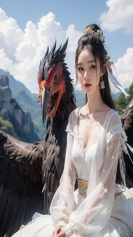 There is a woman sitting on the rock，There is a bird in the background, xianxia fantasy, Chinese fantasy, fantasy art style, Fantasy Photography, With real wings, realistic fantasy photography, beautiful fantasy queen, fantasy photography, fantasy beauty, Sha Xi, Popular topics on cgstation, huge feathery wings, She has a phoenix head, jingna zhang