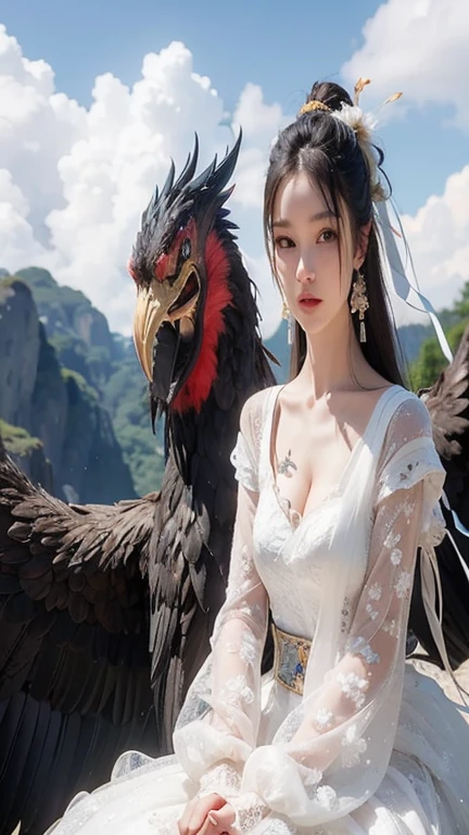 There is a woman sitting on the rock，There is a bird in the background, xianxia fantasy, Chinese fantasy, fantasy art style, Fantasy Photography, With real wings, realistic fantasy photography, beautiful fantasy queen, fantasy photography, fantasy beauty, Sha Xi, Popular topics on cgstation, huge feathery wings, She has a phoenix head, jingna zhang