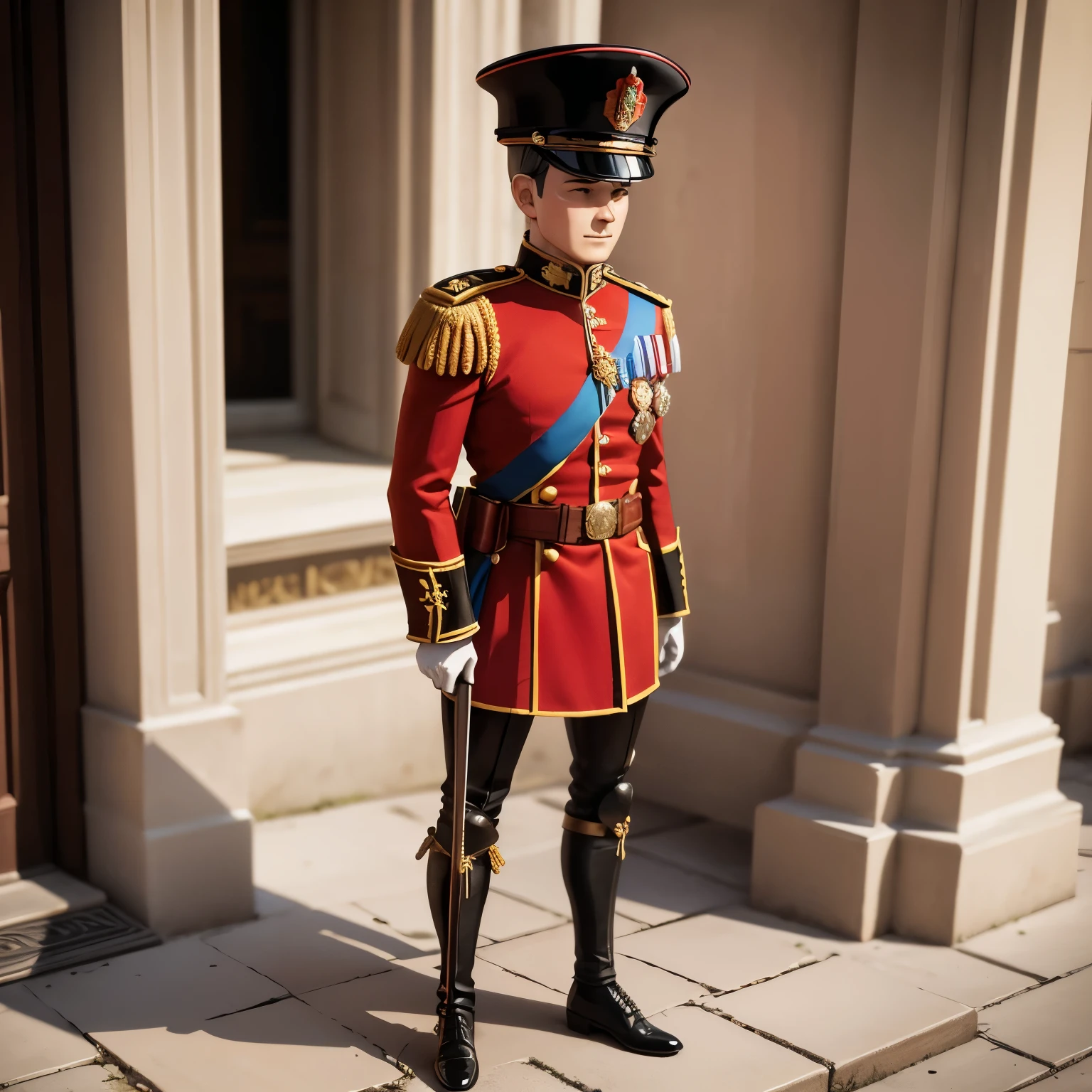 english toy soldier, (artistic), cartoon-like, detailed, funny, standing in front of the royal palace, (best quality, high-res, ultra-detailed), colorful, vibrant, soft lighting