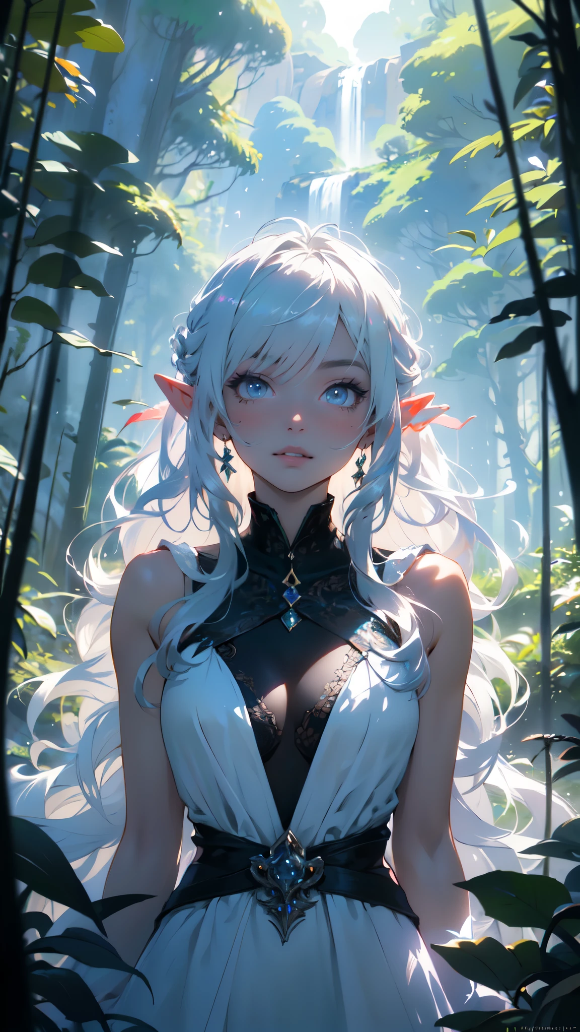 (highres,best quality),detailed elf woman,detailed face,detailed eyes,looking up to the sky,half-naked,vibrant colors,landscape background,forest elements,waterfall,ethereal atmosphere,soft sunlight,serene expression,flowing hair,fantasy setting,magical ambiance,glowing flowers,delicate features,enchanted forest,rays of light,pastel hues,mystical creatures,majestic trees,sparkling water,dappled shadows,ethereal beauty,fierce yet elegant,graceful posture,strong connection with nature,mysterious eyes,wisdom and enchantment,harmonious blend of fantasy and reality,mythical realm,magic in the air,serenity and tranquility,immersive experience,whimsical and captivating,unforgettable visual journey,masterpiece artwork
